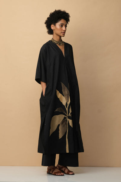 Tropical Leaf Applique Kaftan Black Fashion Mallika Mathur