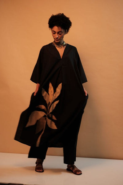 Tropical Leaf Applique Kaftan Black Fashion Mallika Mathur