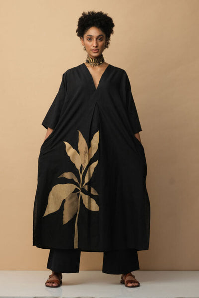 Tropical Leaf Applique Kaftan Black Fashion Mallika Mathur