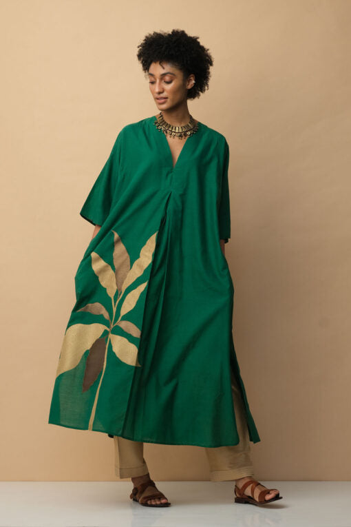 Tropical Leaf Applique Kaftan Green Fashion Mallika Mathur