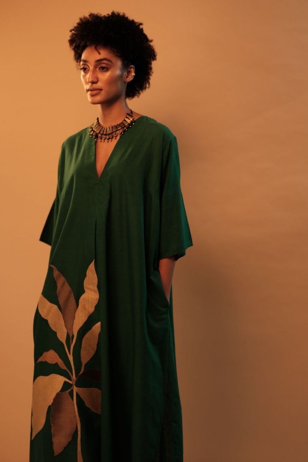 Tropical Leaf Applique Kaftan Green Fashion Mallika Mathur