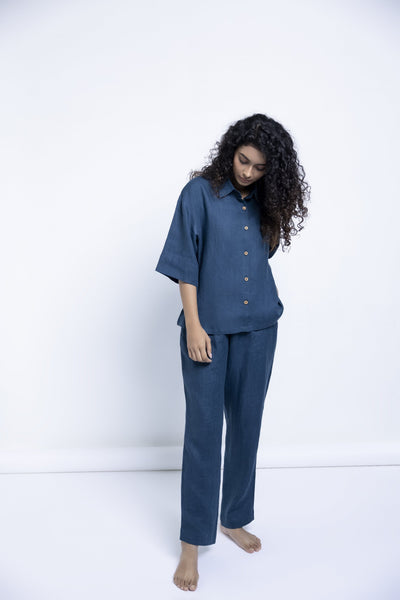 Women's Indigo Linen Pyjamaset Fashion Saphed
