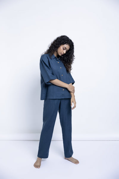 Women's Indigo Linen Pyjamaset Fashion Saphed